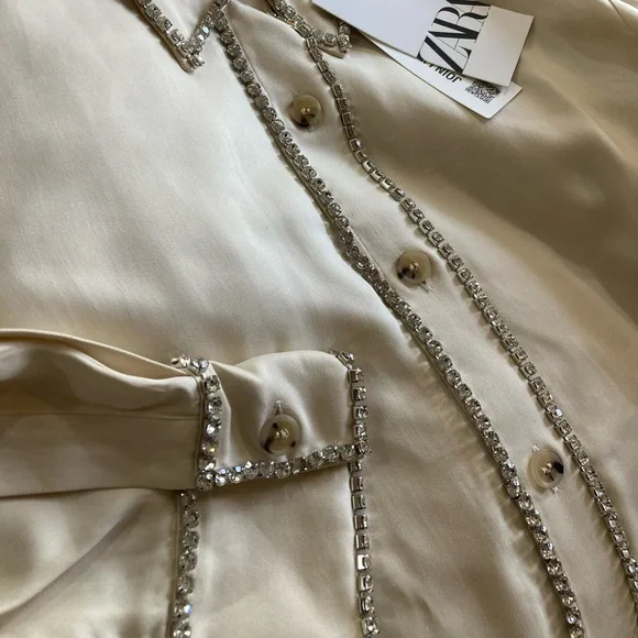 ZARA Limited Edition Bejewelled Cream Button Down Shirt - Picture 4 of 8